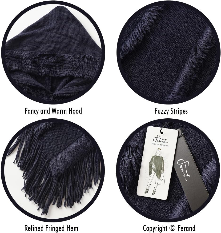 Ferand Poncho Damen mit Kapuze, Warmer Winterponcho, Gestreifte Cape Umhang mit Fransen Elegant Navy
