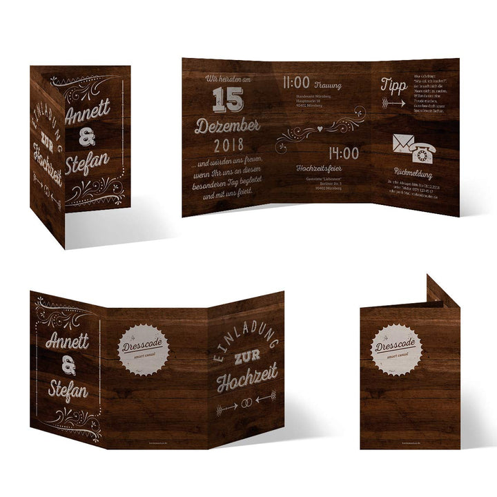 10 x Hochzeitseinladungen individuell mit Ihrem Inhalt als Klappkarte im Wickelfalz - Holz Lettering