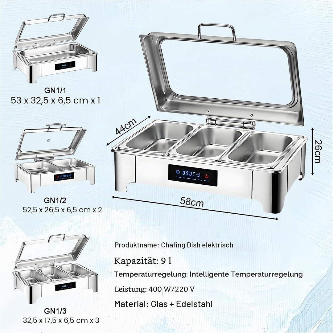 Chafing Dish Elektrisch, Edelstahl Speisewärmer Buffetwärmer 9L mit Sichtbarem Glasdeckel, Einstellb