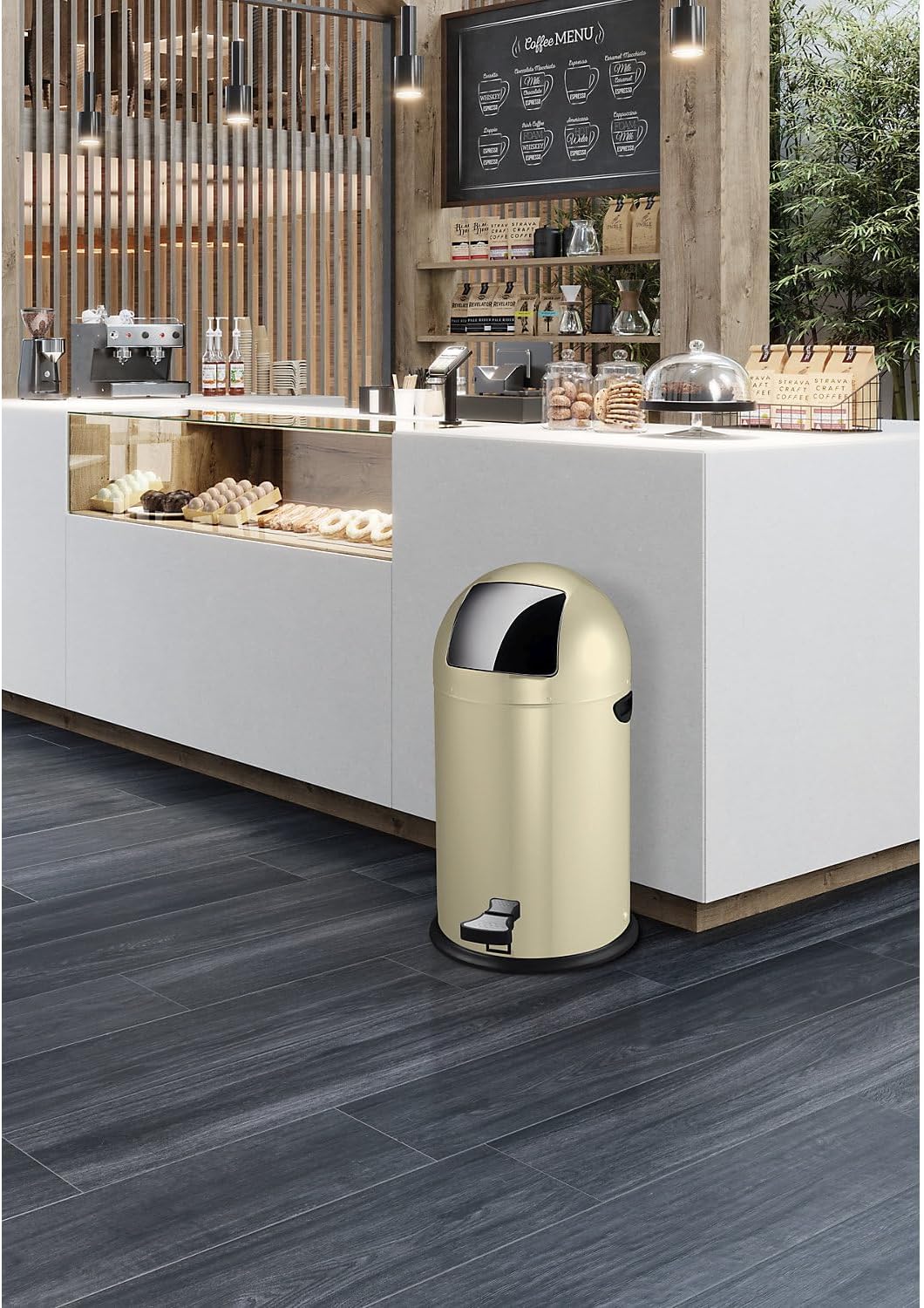 EKO Kickcan Runder Tritt-Mülleimer aus Metall, Verzinkter Inneneimer, 33 Liter, crème Schwarz, Schwa