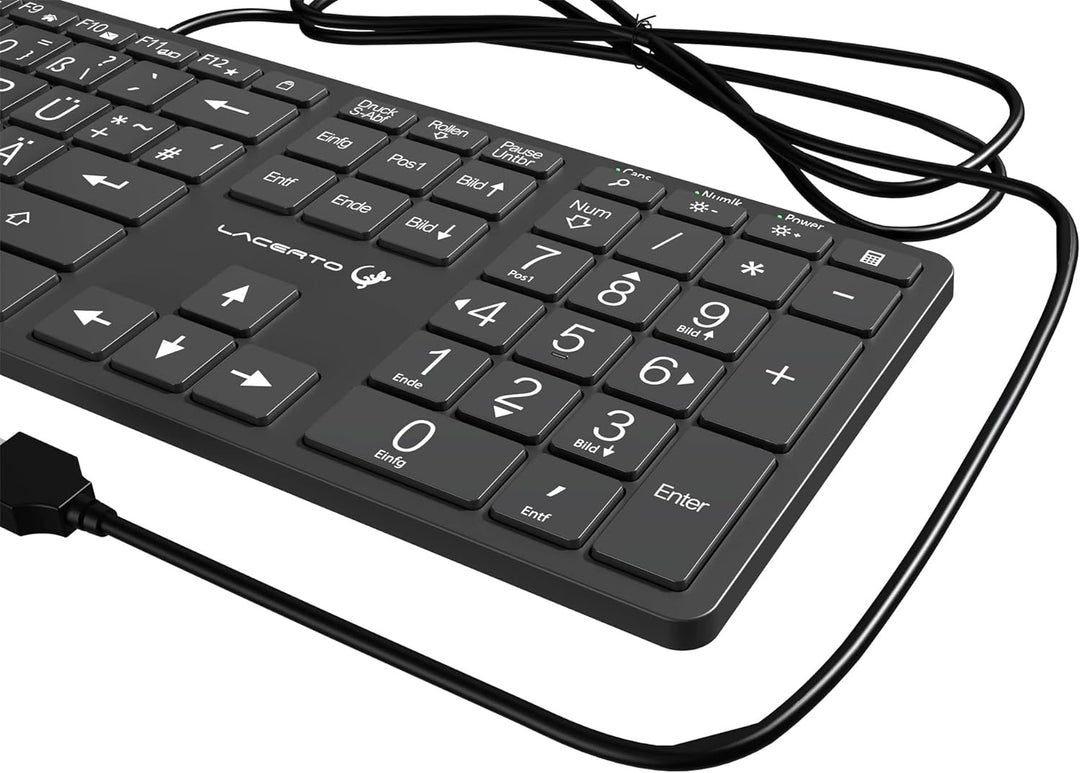 Lacerto® | Deutsche Tastatur (QWERTZ) mit grossen Buchstaben, weisser LED-Beleuchtung & USB-Anschlus