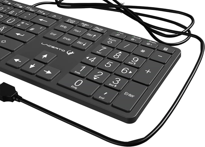 Lacerto® | Deutsche Tastatur (QWERTZ) mit grossen Buchstaben, weisser LED-Beleuchtung & USB-Anschlus