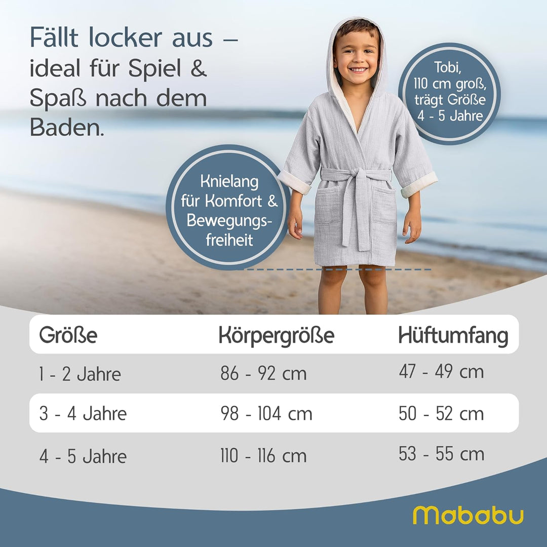 Bademantel Kinder mit Kapuze | 100% Bio-Baumwolle GOTS Zertifiziert | Premium Musselin Kinderbademan