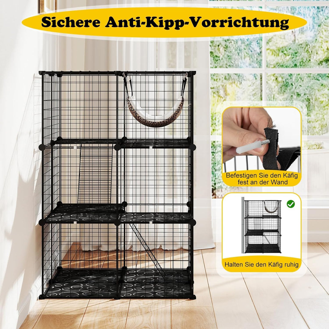 FANTASK Metalldrahtkäfig 3-stöckig, grosse Katzenkäfig mit Dachfenster, Hängematte, 2 Leitern &amp; 3 Tü