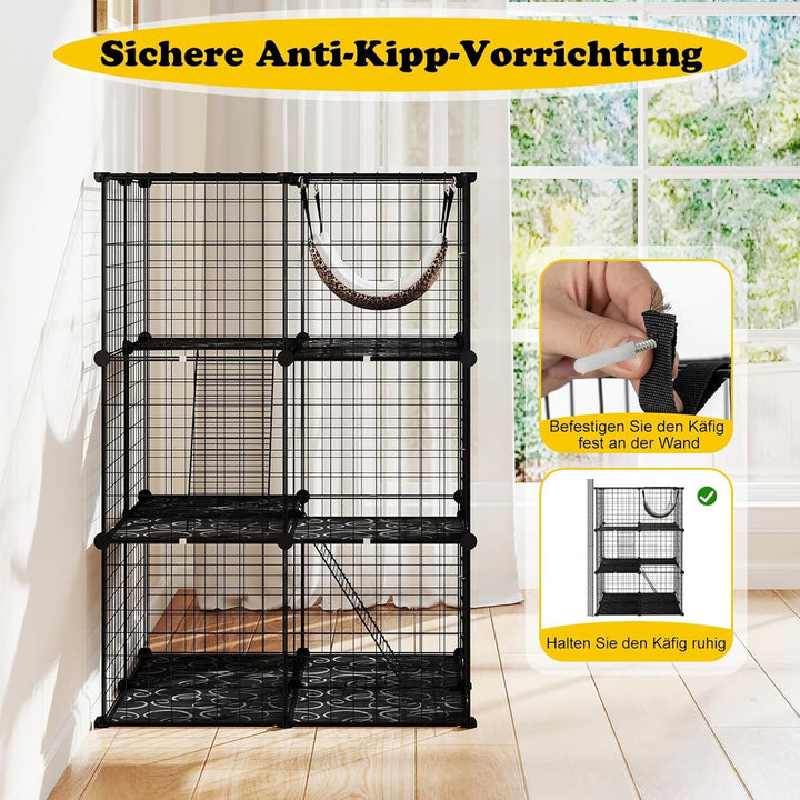 FANTASK Metalldrahtkäfig 3-stöckig, grosse Katzenkäfig mit Dachfenster, Hängematte, 2 Leitern &amp; 3 Tü