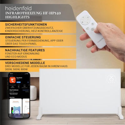Heidenfeld Infrarotheizung HF-HP140 | 500 Watt bis 15 m² | 3in1 Steuerung via App | Fernbedienung |
