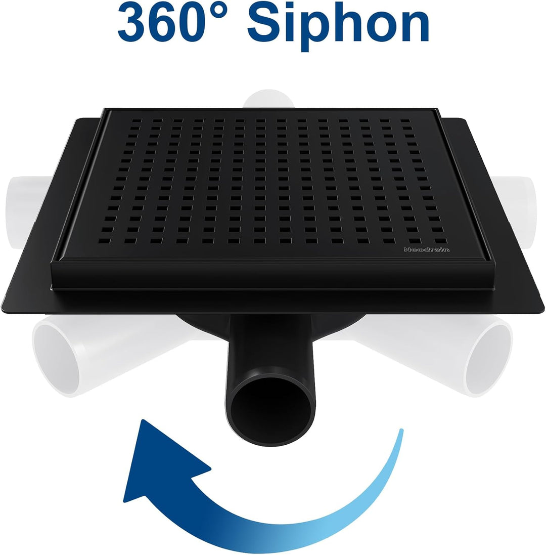 Neodrain Bodenablauf Edelstahl Duschrinne Quadrat Schwarz 20 x 20 cm Duschablauf mit 360° Siphon Ger