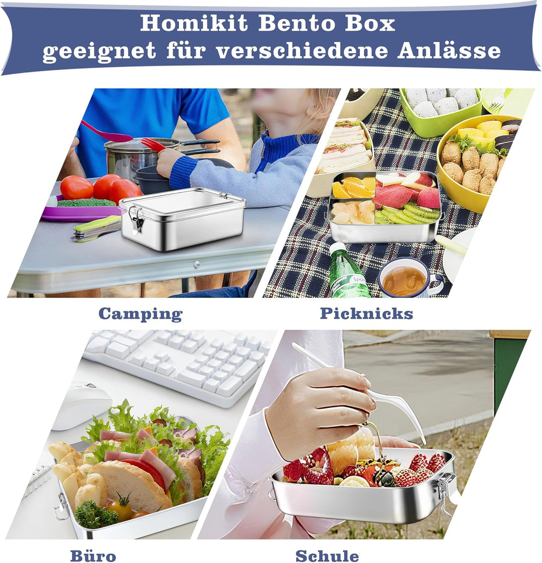 Homikit Brotdose mit Fächern, 1400ml Edelstahl Bento Box Lunchbox | für Kinder &amp; Erwachsene, Auslauf