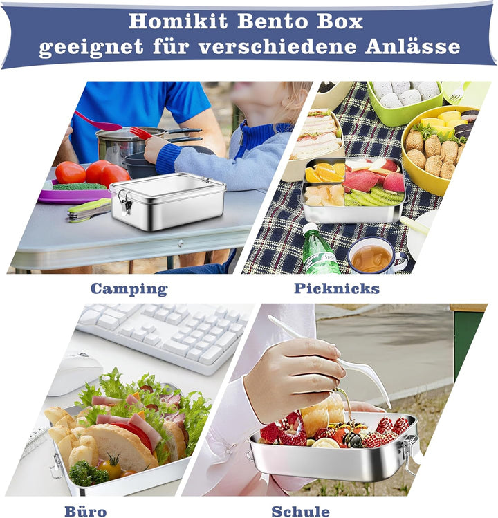 Homikit Brotdose mit Fächern, 1400ml Edelstahl Bento Box Lunchbox | für Kinder &amp; Erwachsene, Auslauf