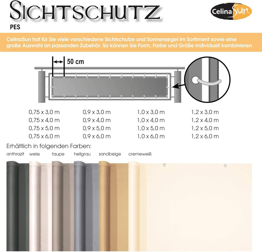 CelinaSun Sichtschutz Balkon 0,75 x 3 m Sand beige PES Balkonbespannung mit Kabelbinder wasserabweis