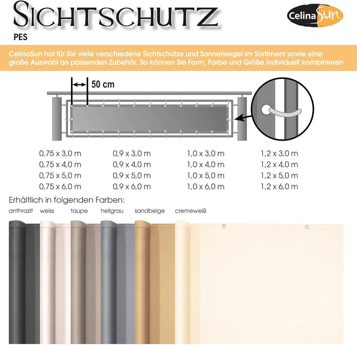 CelinaSun Sichtschutz Balkon 0,75 x 3 m hell grau PES Balkonbespannung mit Kabelbinder wasserabweise