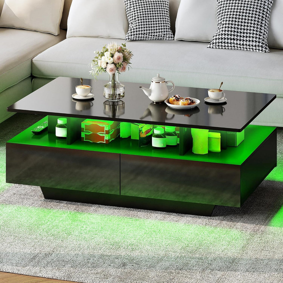 YITAHOME Couchtisch Schwarz, Wohnzimmertisch Hochglanz mit 16-Farbiger LED Beleuchtung Modern, Beist