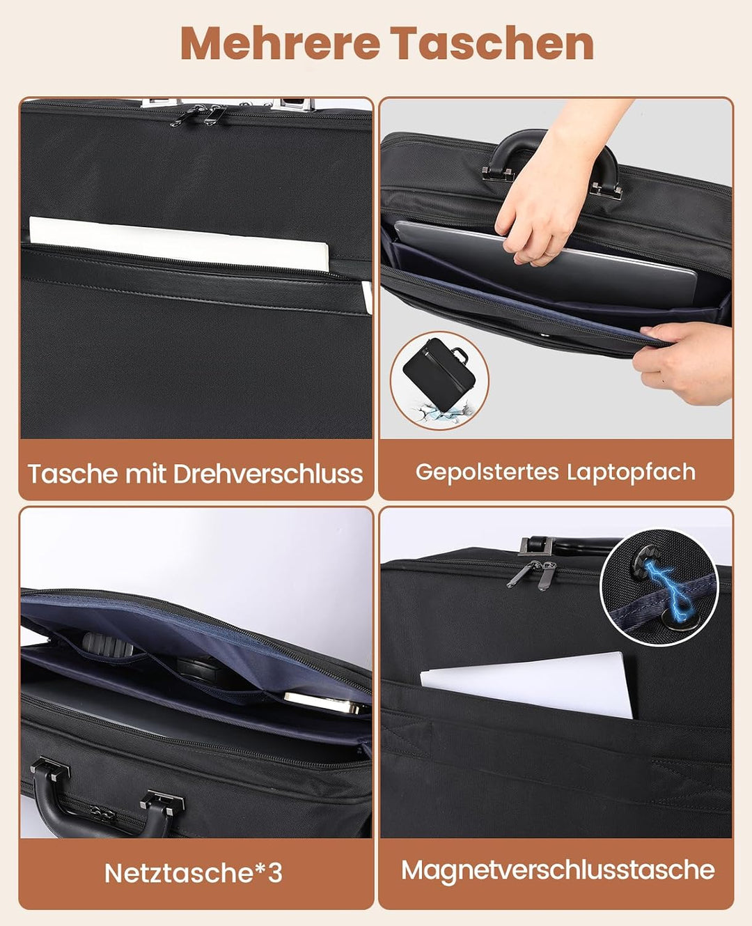 Jetviivid Aktentasche Herren, 15.6 Zoll Laptoptasche Gross, Wasserdichte Briefcase mit Schultergurt,