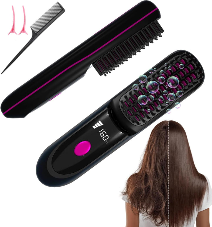 Glättbürste Kabellos, 2026 Neu Haarglätter Bürste, Stylingbürste für Kurze Haare Langes, Tragbare Ha