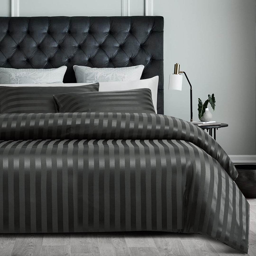 Damier Bettwäsche 200x220cm Grau Satin gestreift Bettwäsche Set 3-teilig hochwertiges Uni einfarbig