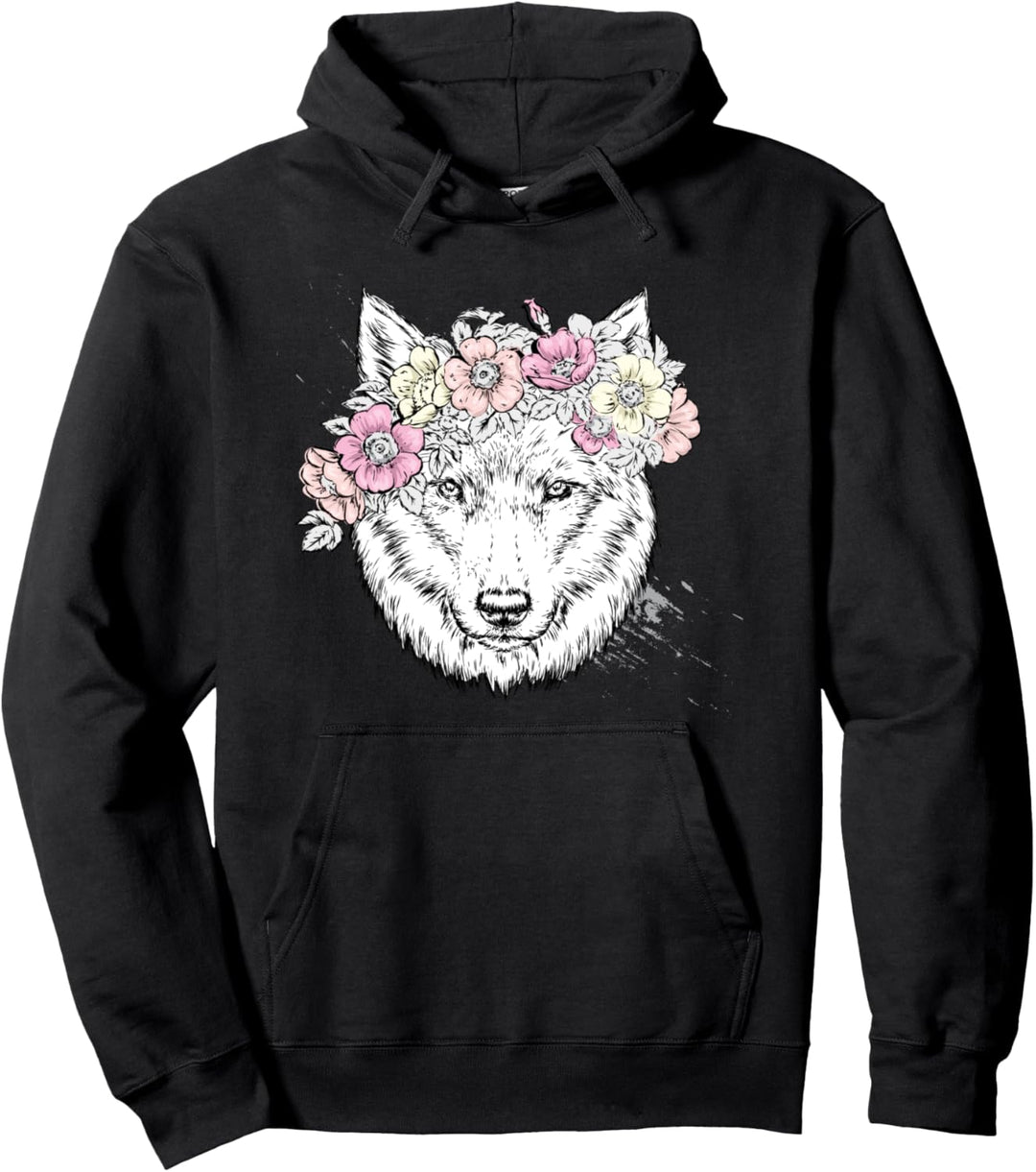 Wolf mit Blume als Wolf Geschenk Pullover Hoodie