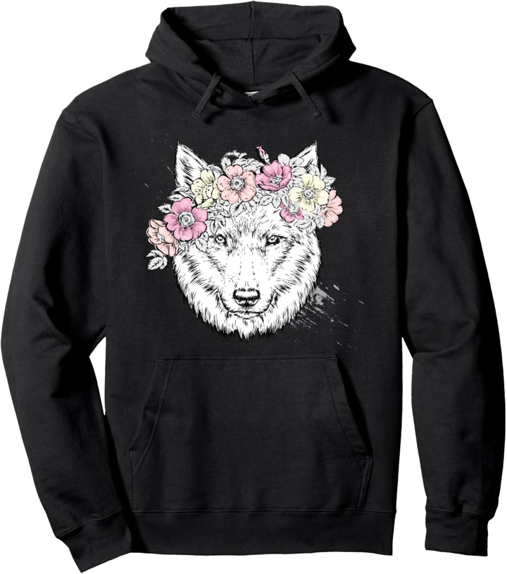 Wolf mit Blume als Wolf Geschenk Pullover Hoodie