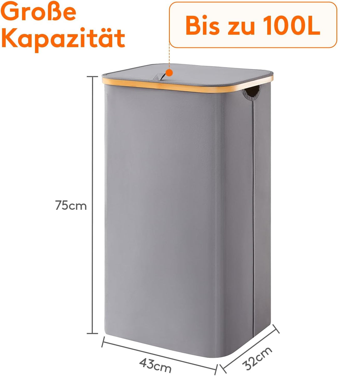 Lifewit 100L Wäschekorb mit Deckel, Wäschekörbe für Wäsche mit Bambus Griffe und Eine Abnehmbare Wäs