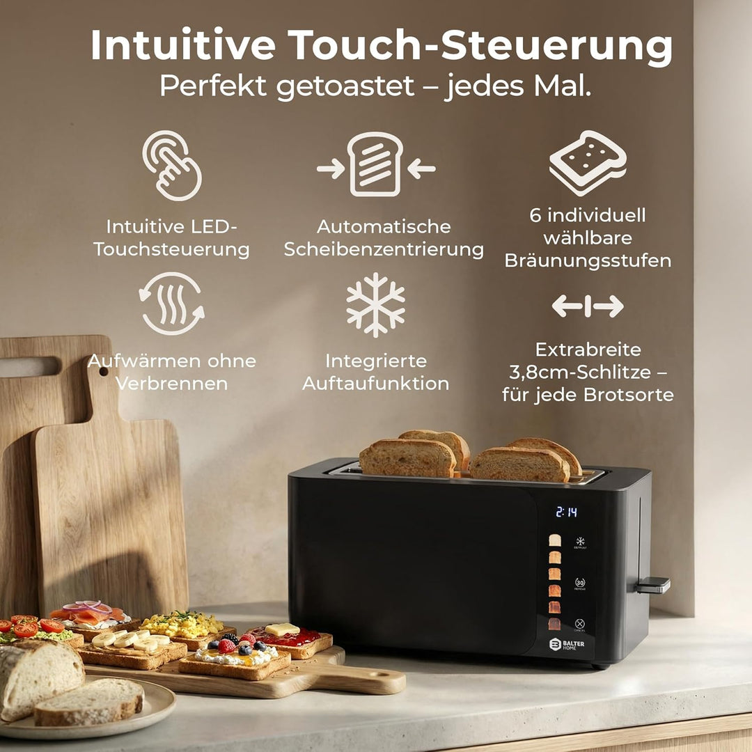 Balter Toaster 4 Scheiben Touch Bedienung, Langschlitz, Edelstahl, Brötchenaufsatz, LCD Display Rest
