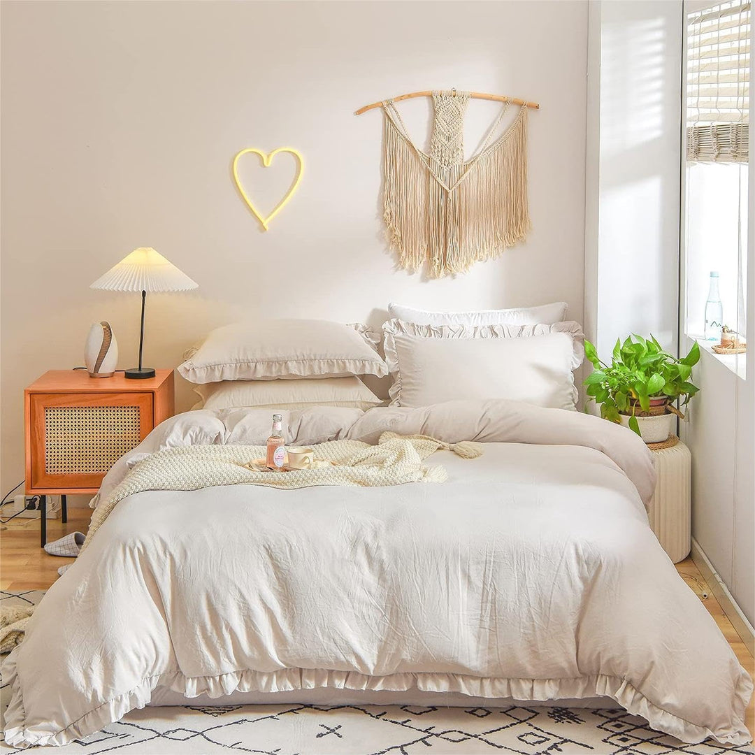 Freyamy Bettwäsche 155x220cm 2teilig Beige Rüschen Romantisch Mädchen Bettwäsche Uni Plisseefalten C