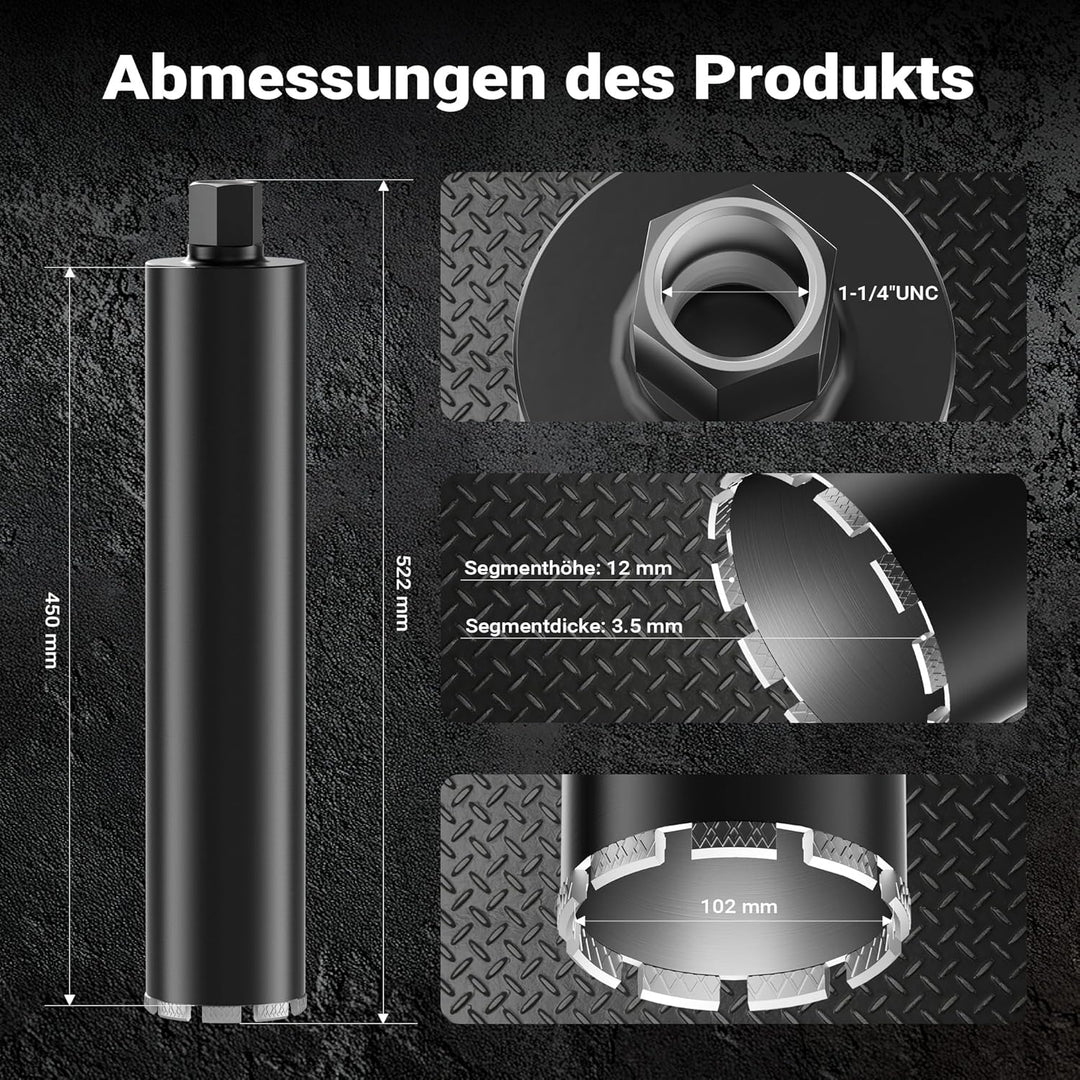 Wiltec Diamantbohrkrone Typ 2 (Mesh) Ø 102 mm, Bohrkrone 450 mm, 1¼ UNC Nassbohrkrone, Diamantbohrer
