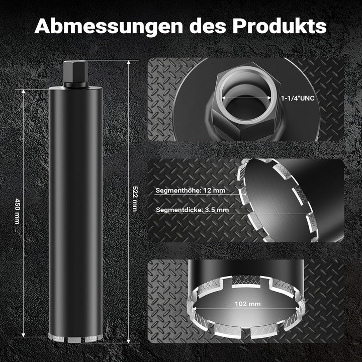 Wiltec Diamantbohrkrone Typ 2 (Mesh) Ø 102 mm, Bohrkrone 450 mm, 1¼ UNC Nassbohrkrone, Diamantbohrer