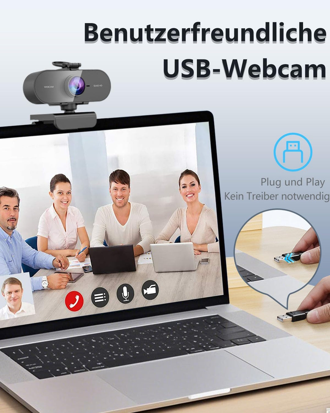 DDKJ Webcam Full HD, 2K Webcam mit Mikrofon, Streaming Kamera Unterstützt 360° horizontale Drehung,