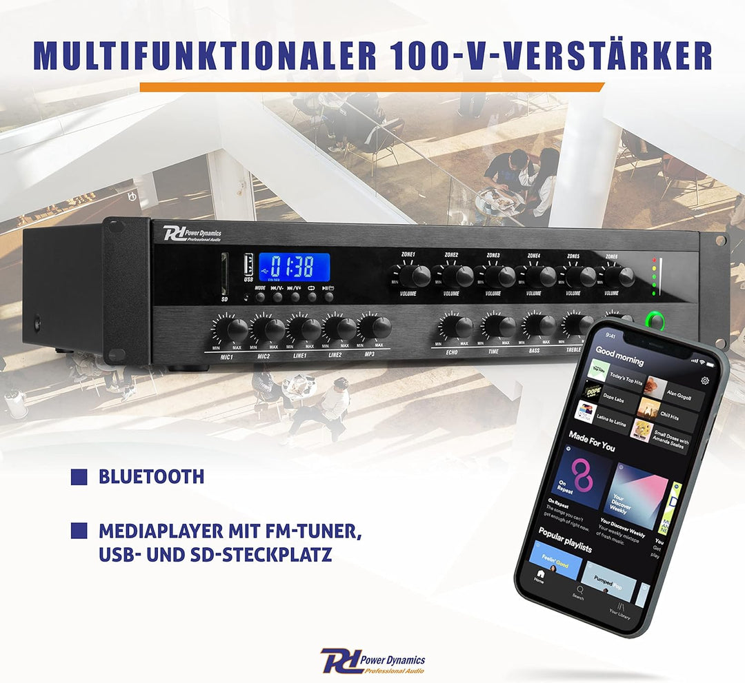 Power Dynamics PDW500MP3 - Verstärker, PA Mixer, 6-Zonen-Verstärker, 500 Watt, Bluetooth, MP3, für 1