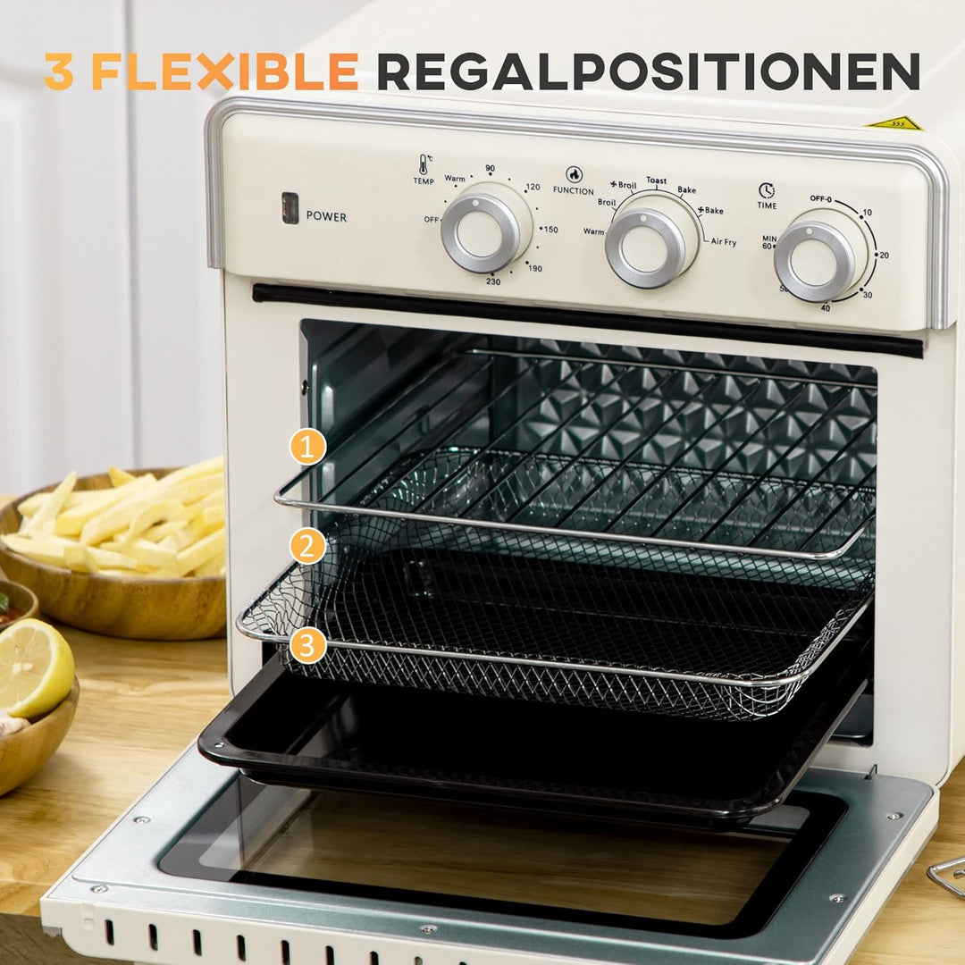 HOMCOM Minibackofen 20L, 5 in 1 Pizza-Ofen inkl. Backblech Set, Frittierkorb, Krümelblech, 1 Std. Ti