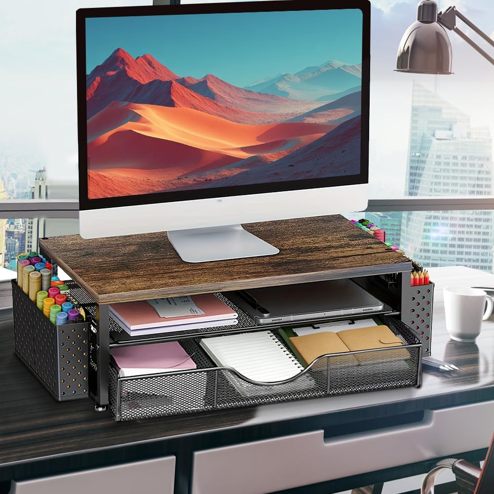 FARYODI Schreibtisch-Monitorhalterung mit 2 Stück Stifthaltern Schublade, Schreibtisch-Organizer, Mo