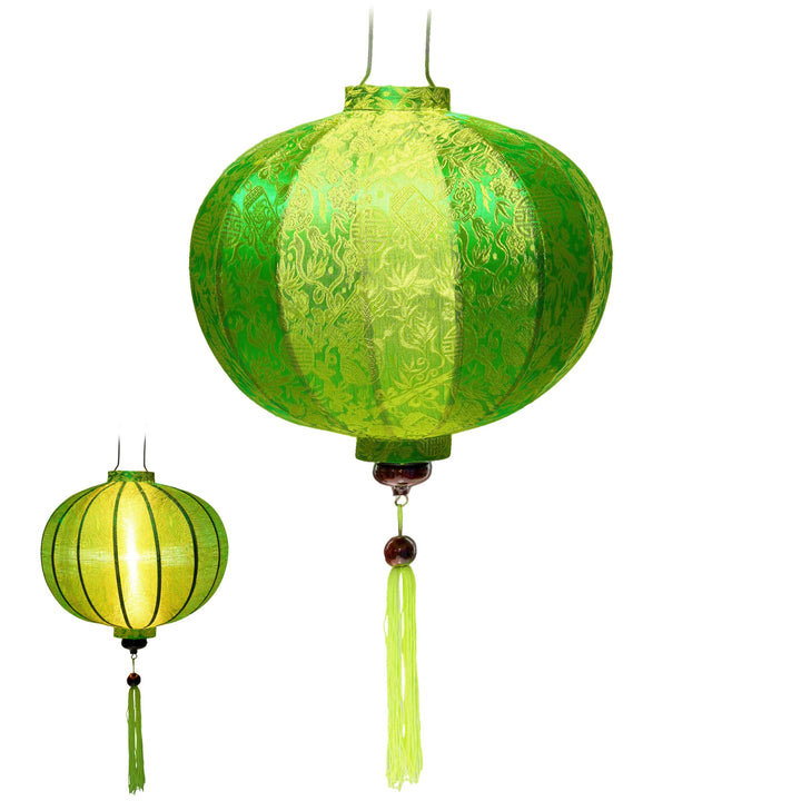 Laterne Lampion Asiatische aus Seide Grün, R Ø33cm - Traditionelle Hoi An Hängelampe aus Stoff, Bamb