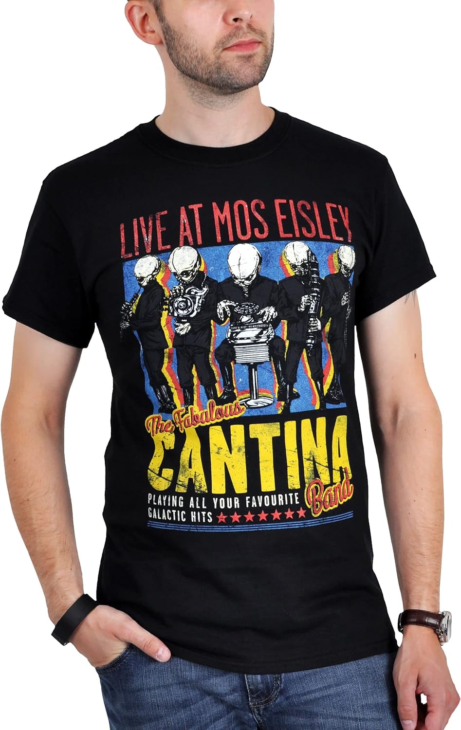 Elbenwald Cantina Band T-Shirt mit Frontprint und Tourdaten auf der Rückseite für Herren Damen Unise