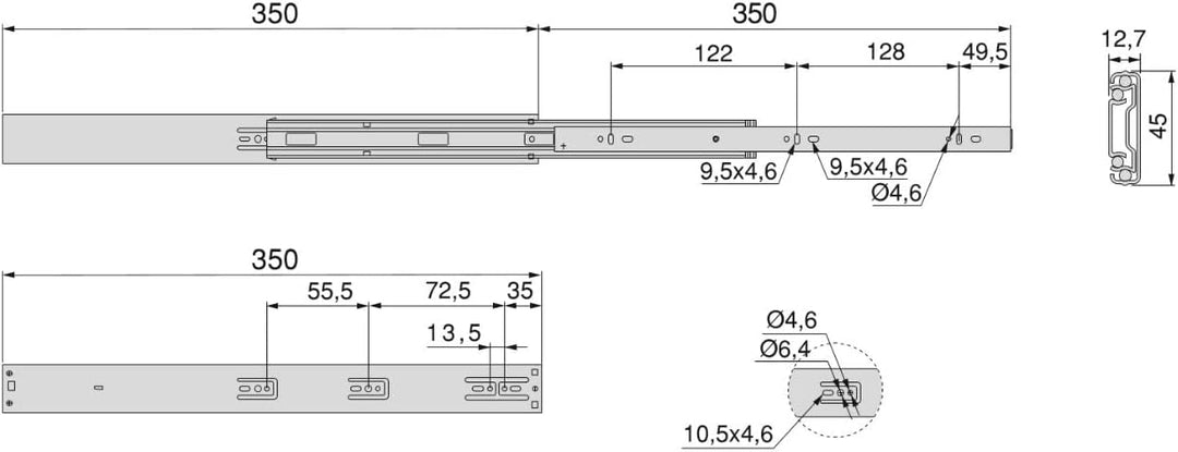 Emuca Schubladenführungen, Vollauszug mit Rollen gedämpftes Scharnier 45mm x 350mm, 5 Sets (10 Stück