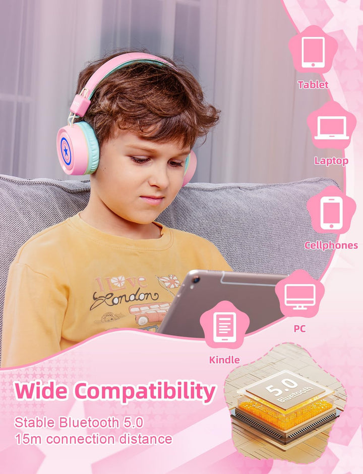 riyo Bluetooth Kopfhörer Kinder, Kinderkopfhörer Kabellos mit LED-Leuchten Bluetooth 5.0 Kinder Kopf