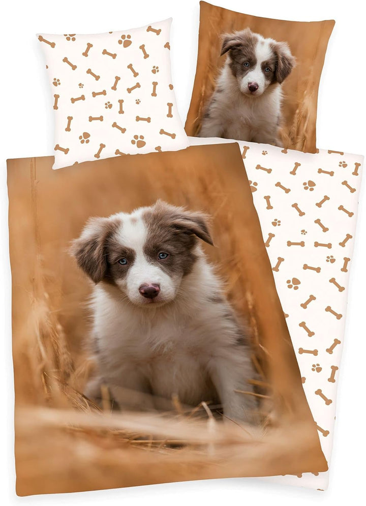 Klaus Herding GmbH Bettwäsche Set mit Hund Welpe135 x 200 cm 80 x 80 cm 100% Baumwolle