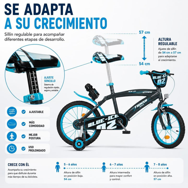 Kinderfahrrad Blue Ice 16 Zoll mit Stützrädern Trinkflasche 5-7 Jahre