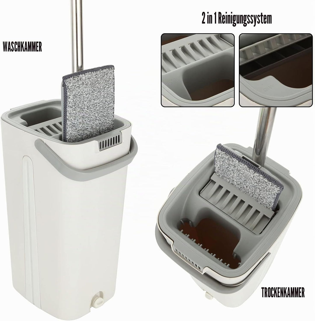 ASelected Flaches Mopp- und Eimer-Set, freihändiger Quetschmopp mit 10 wiederverwendbaren Mikrofaser