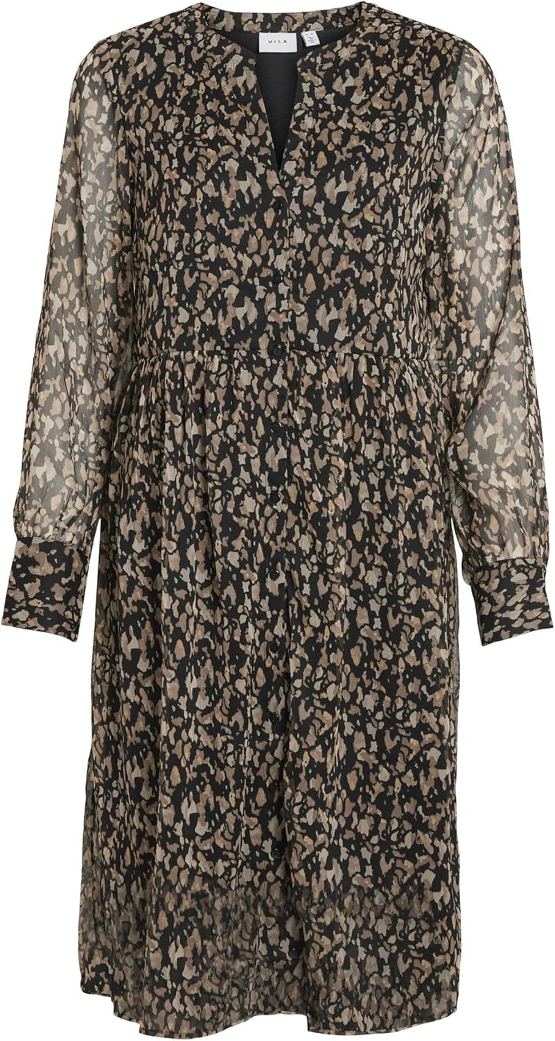 Vila Damen Vifalia V-Neck L/S Dress-Noos Blusenkleid 36 Black/Aop:hazel, 36 Black/Aop:hazel
