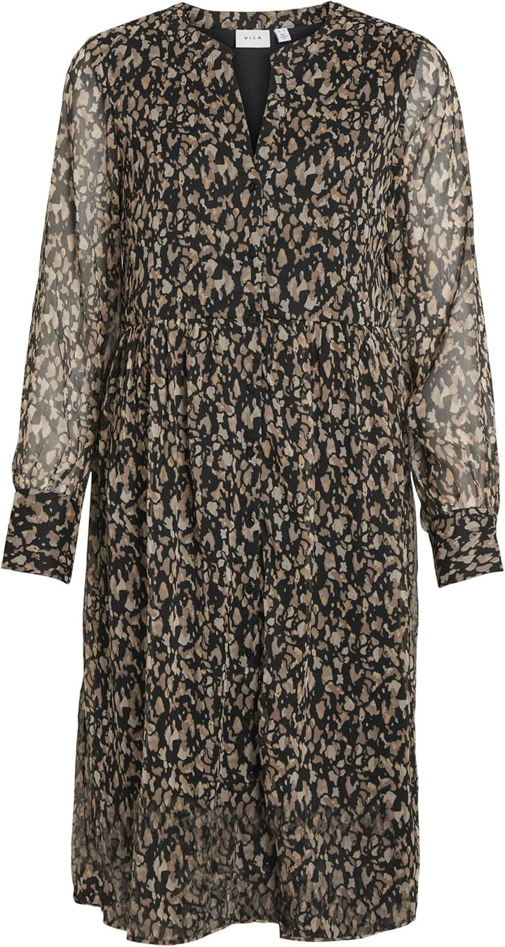 Vila Damen Vifalia V-Neck L/S Dress-Noos Blusenkleid 36 Black/Aop:hazel, 36 Black/Aop:hazel