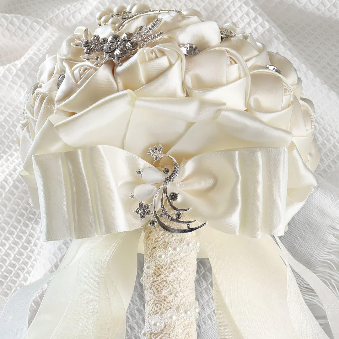 Fouriding Handgemachte Brosche Brautstrauss Braut Satin Rosen Blumen Strass Perlen Blumensträusse Ho