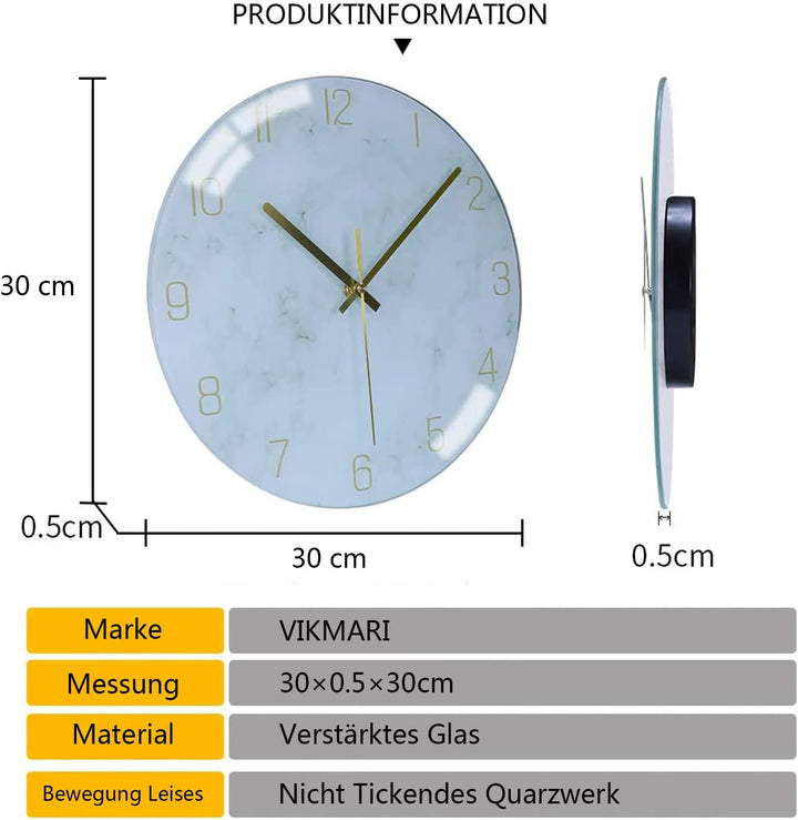 VIKMARI Glas Wanduhr, 30 cm Leise Nicht Tickend Batteriebetriebene Marmor Wanduhren, Runde Vintage G