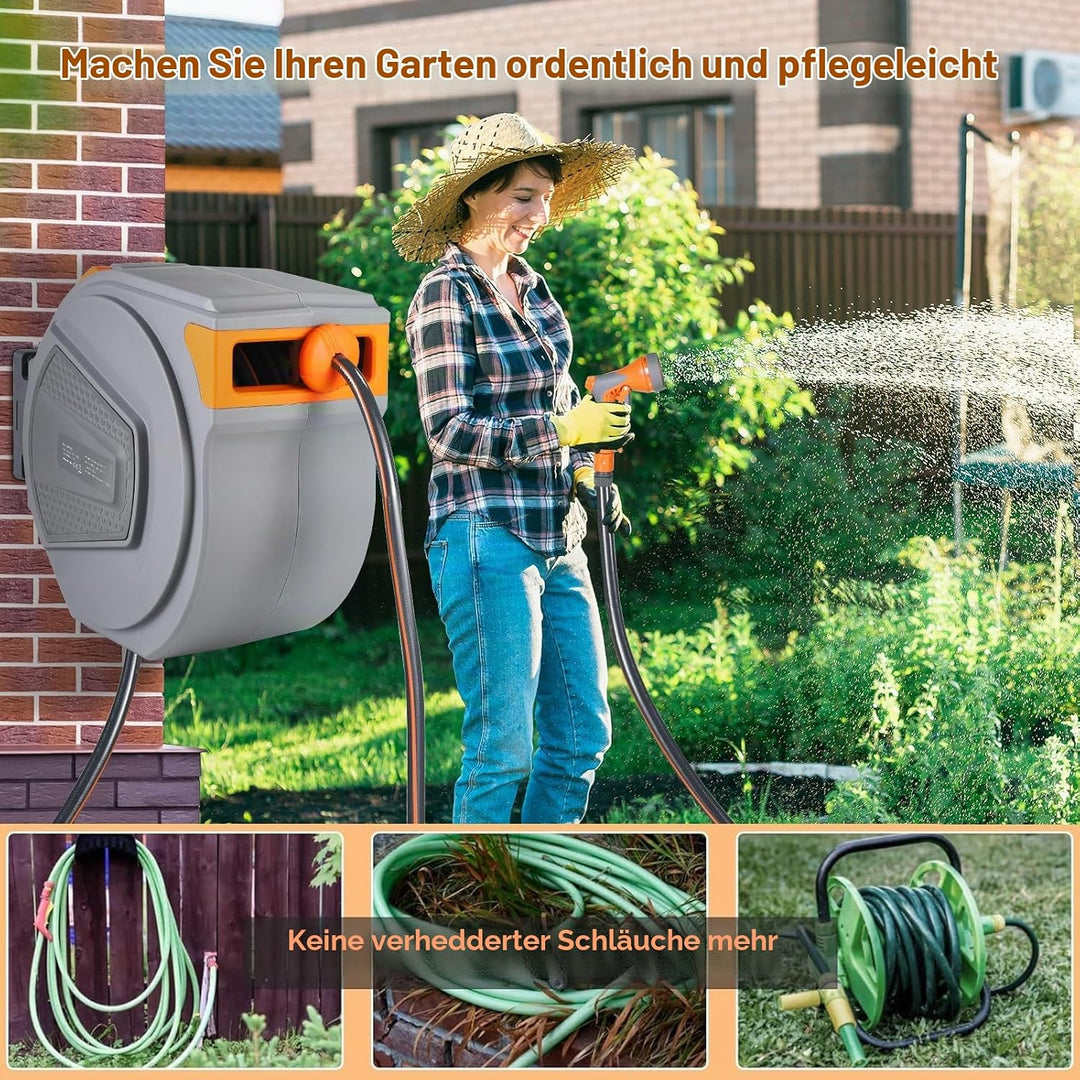 Schlauchtrommel mit Gartenschlauch 20m, Schlauchaufroller zur Wandmontage, 180° Schwenkbar &amp; Automat