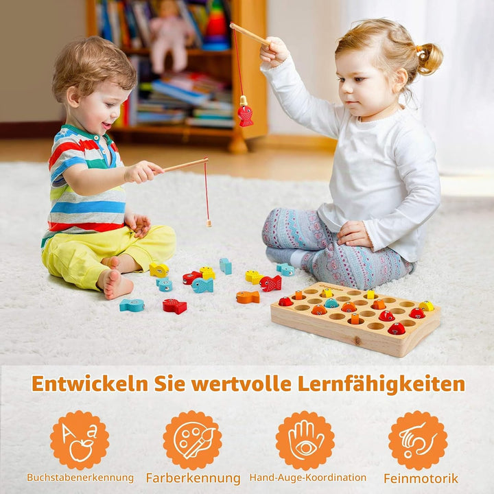 Coogam Hölzern Magnetisch Angelspiel, Feinmotorikspielzeug ABC-Alphabet-Farbsortierpuzzle, Montessor