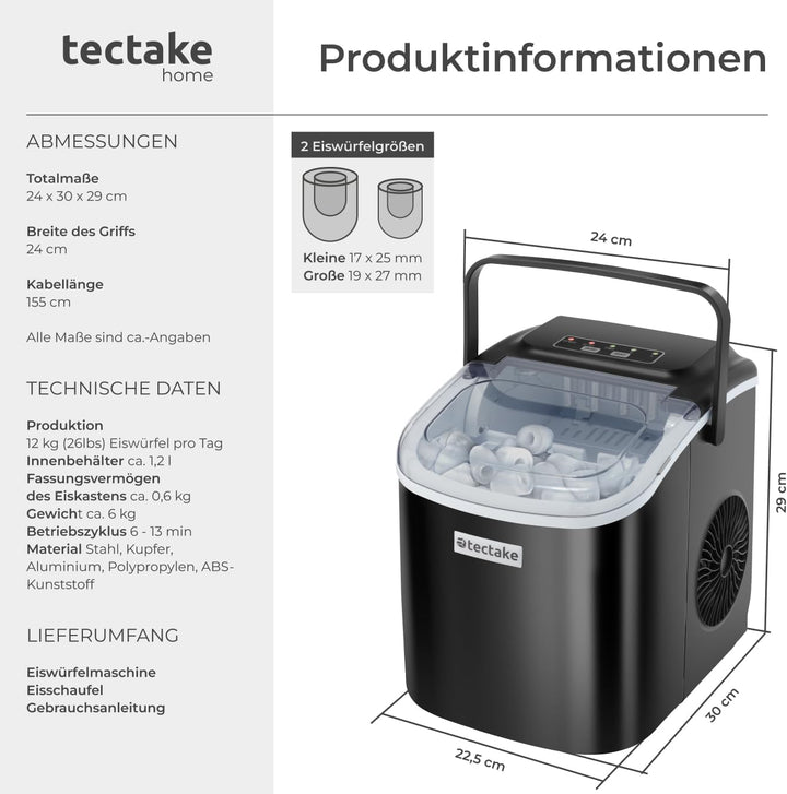 tectake® Eiswürfelmaschine, Ice Maker, 2,1l Volumen, Eiswürfelbereiter, Maschine bereitet 9 Würfel i