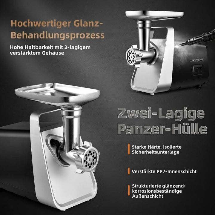 CHEFFANO Elektrischer Fleischwolf 2000W, mit 3 Schneidscheiben, Wurstfüller &amp; Kubbe-Aufsatz, Leistun