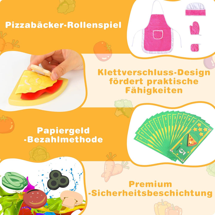 Charmofun Pizza Kinderküche Zubehör Holz, Kinderküche Zubehör Spielküche Pizza Set mit Pizzaofen Sch