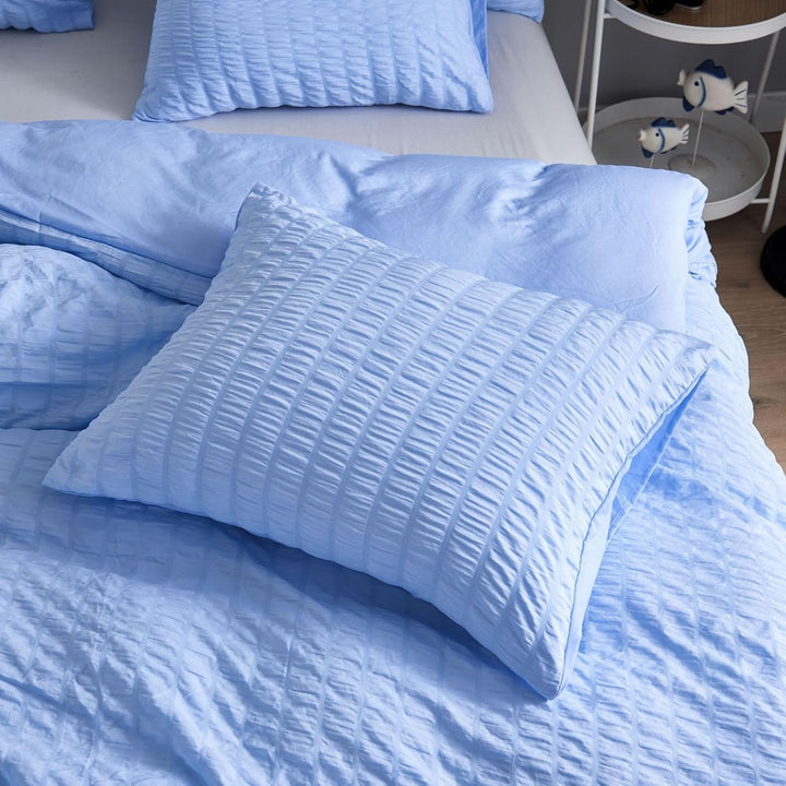 Seersucker Bettwäsche 155x220cm 2teilig Blau Geprägt Streifen Strukturiert Bettwaren-Sets Uni Gebürs