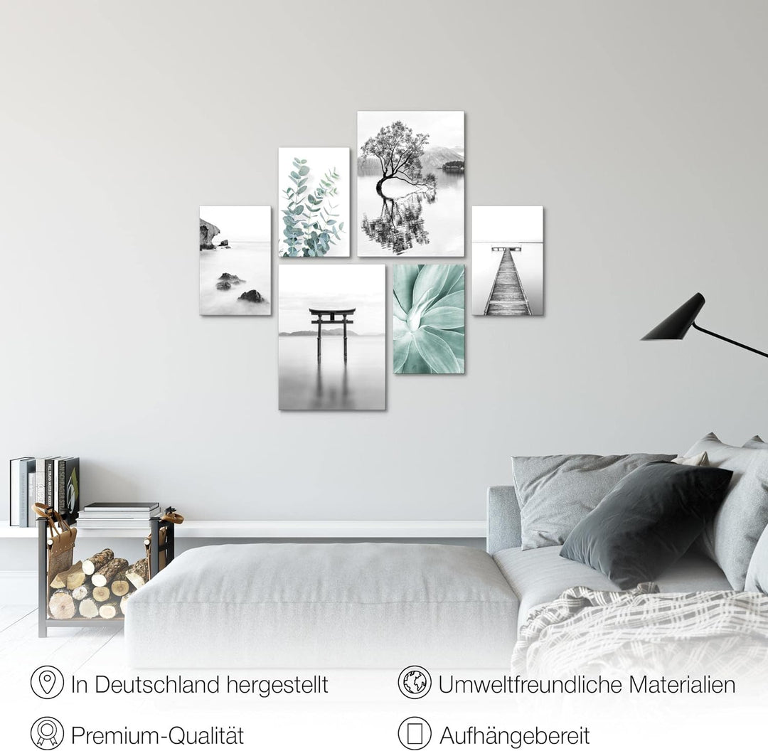 Novart Bilder Set - AUFHÄNGFERTIG - KEIN EXTRA RAHMEN BENÖTIGT - Asien Zen See Modern Schwarz Weiss