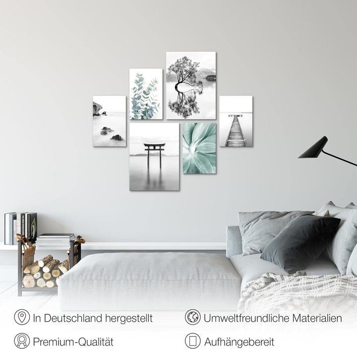 Novart Bilder Set - AUFHÄNGFERTIG - KEIN EXTRA RAHMEN BENÖTIGT - Asien Zen See Modern Schwarz Weiss