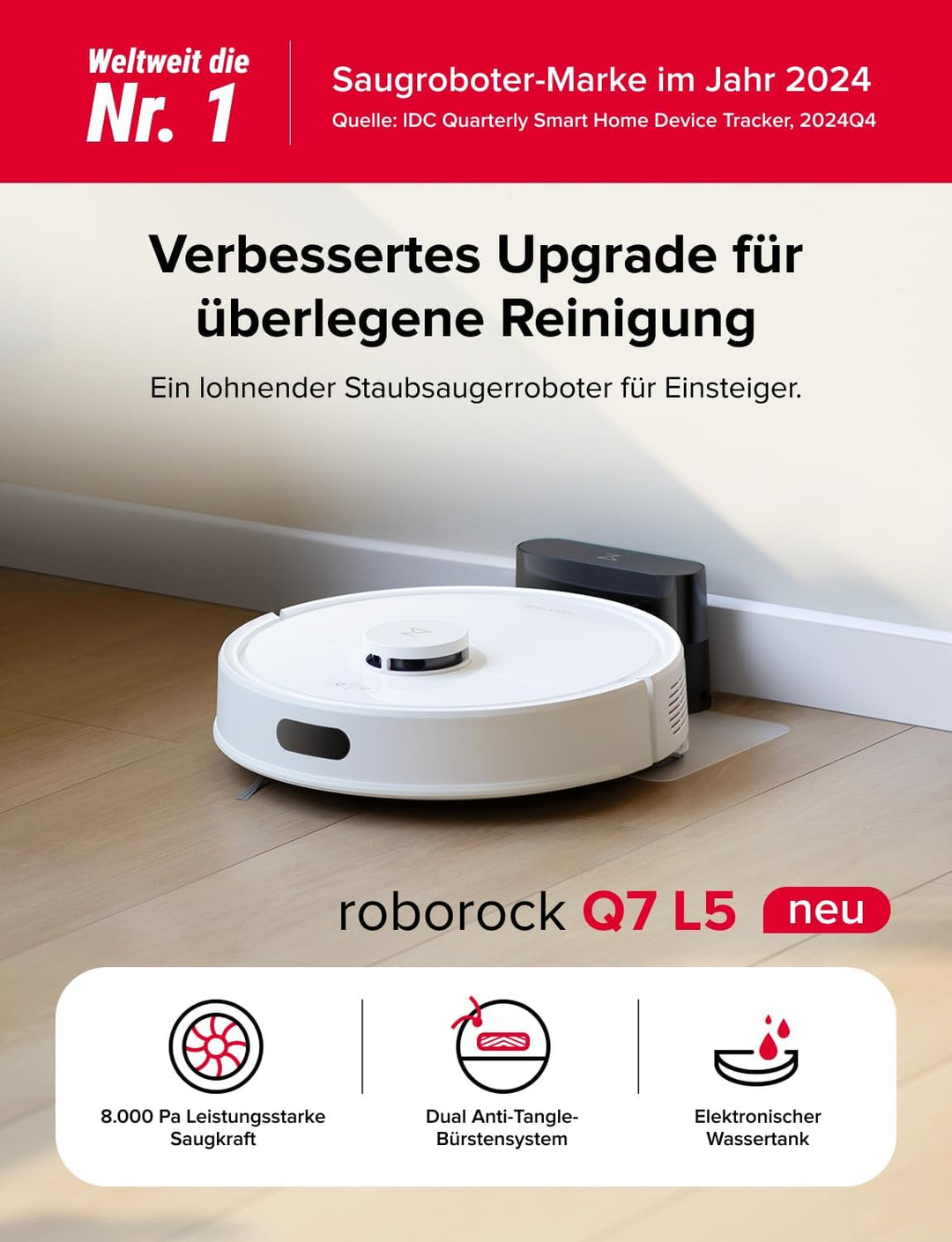 roborock Q7 L5 Saugroboter, Dual Anti-Tangle System, 8.000 Pa HyperForce Saugkraft, Präzise Navigati